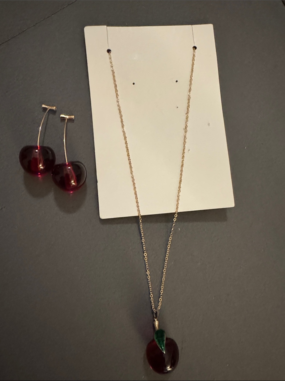 New Gold-Tone Necklace with Red Cherry Pendant and Matching Earrings